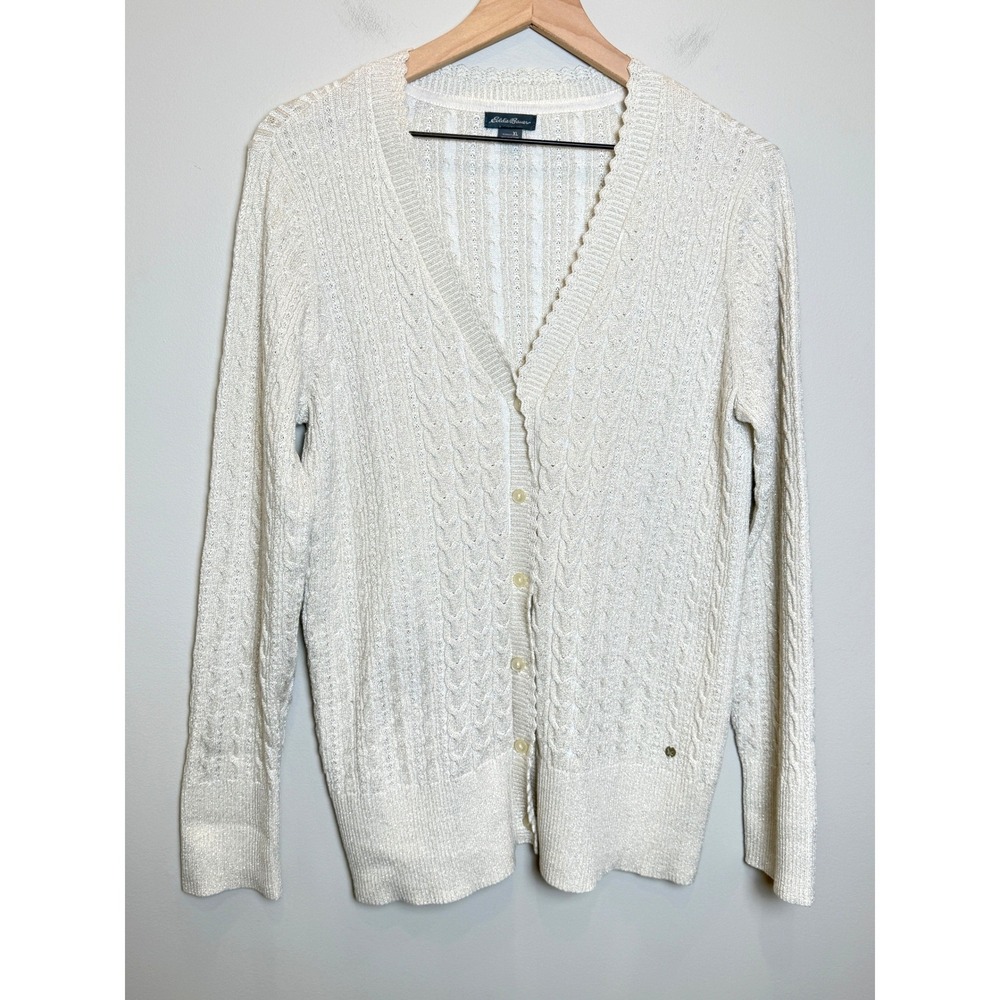Eddie Bauer Cable Knit Scalloped Long Sleeve Cardigan White Shimmer Layering XL